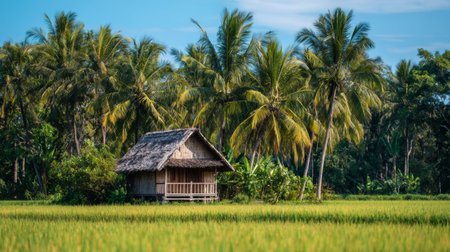 Discover a serene rural scene with a charming wooden hut nestled among vibrant green rice fields and swaying palm trees under a clear blue sky. Perfect for relaxation.の素材