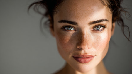 A striking close-up of a young woman showcasing her freckles and curly hair, with natural makeup that highlights her unique beauty and expressive blue eyes.の素材