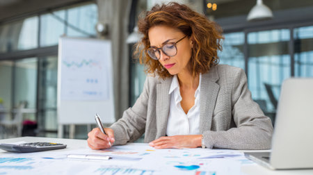 A focused woman works on data analysis in a modern office, surrounded by documents and technology, highlighting the importance of strategy and planning in business.の素材