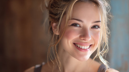 A bright and cheerful young woman with a captivating smile exudes natural beauty. Her relaxed expression radiates warmth and positivity against a rustic backdrop.の素材