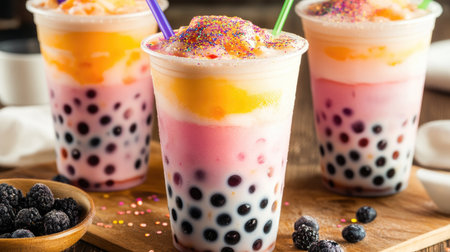 Delight in the vibrant layers of this colorful bubble tea, featuring smooth tapioca pearls and fruity flavors, perfect for summer gatherings and celebrations.の素材