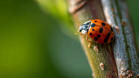 A stunning close-up image of a ladybug with bright orange and black markings, resting on a green plant stem, highlighting the intricate details of this beautiful insect.の素材