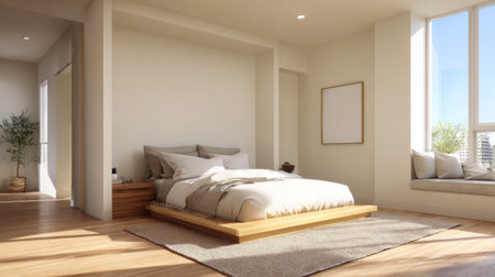 A spacious and modern bedroom featuring a minimalist design, wooden accents, and large windows for abundant natural light, creating a tranquil and inviting space.の素材