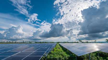 A wide view of a solar farm under a beautiful blue sky filled with fluffy clouds showcases the integration of renewable energy into agriculture and landscape.の素材