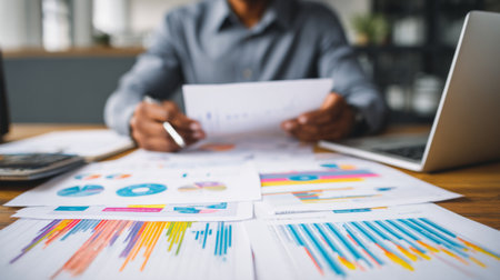 A professional engaged in analyzing various business reports and charts within a modern office setting. The scene captures essential elements for strategic decision-making.の素材
