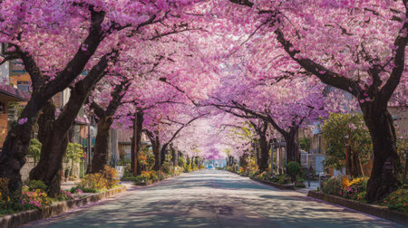 A stunning view of a cherry blossom lane where vibrant pink flowers create a tranquil atmosphere, perfect for leisurely strolls, photography, or reflection.の素材