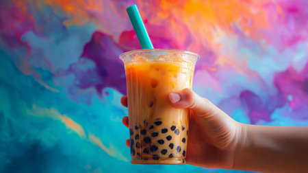 A person holds a refreshing bubble tea cup filled with tapioca pearls, set against a mesmerizing colorful abstract background that signifies fun and vibrant lifestyle.の素材