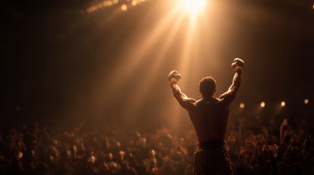 A powerful boxer stands in a dramatic spotlight, arms raised in celebration of victory. The energetic crowd cheers in the background, embodying passion and determination in sports.の素材