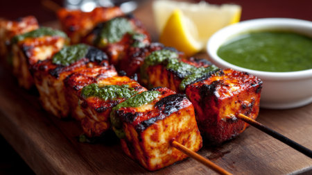 Tempting grilled tandoori paneer skewers served with vibrant mint chutney and fresh lemon wedges. Perfect for highlighting traditional Indian flavors and spices.の素材