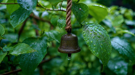 A single rustic bell hangs gracefully among lush green leaves glistening with raindrops, evoking a sense of tranquility and harmony in a beautiful garden setting.の素材