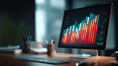 A modern computer monitor featuring vibrant financial charts and graphs, set in a bright office workspace. Ideal for topics on business analytics and investment strategies.の素材