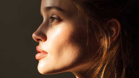 Captivating close-up profile of a young woman, featuring natural light that beautifully enhances her soft skin and delicate features, perfect for artistic projects.の素材