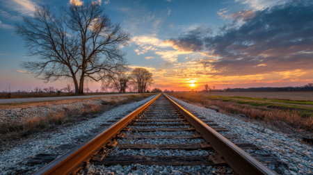 A stunning image capturing the tranquil beauty of sunset over railroad tracks, framed by trees and a serene landscape, perfect for evoking feelings of peace and exploration.の素材