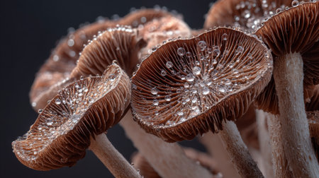 This stunning macro photograph captures water droplets on mushroom caps, showcasing intricate details and textures. The dark background emphasizes the natural beauty of fungi.の素材