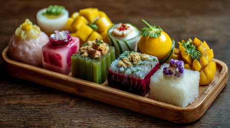 An exquisite display of colorful Asian desserts on a wooden platter, featuring various textures, vibrant colors, fruits, and edible flowers for a stunning presentation.の素材