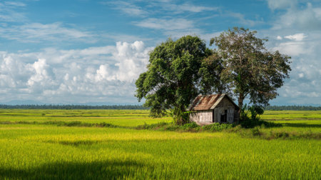 Explore a tranquil countryside scene with a rustic wooden house nestled among vibrant rice fields, framed by lush trees and a stunning sky, evoking peace and serenity.の素材