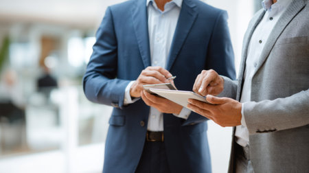 Two suited professionals engage in a focused discussion over a digital tablet, exemplifying teamwork and innovation in a contemporary office environment, ideal for business settings.の素材