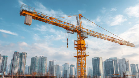 A bright yellow construction crane stands tall against a clear blue sky, surrounded by a modern urban skyline featuring high-rise buildings, capturing the essence of development.の素材