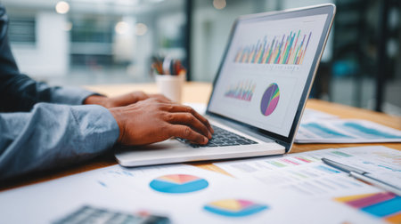 A close-up view of hands working on a laptop displaying colorful charts and graphs, surrounded by various business reports on a wooden table in a modern office setting.の素材