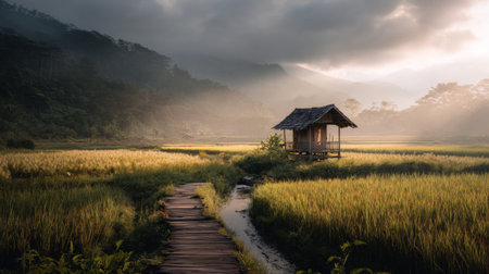 A picturesque view of a wooden hut surrounded by lush rice fields under a dramatic sky at dawn, capturing the essence of tranquility and natural beauty.の素材