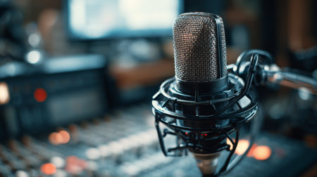 A close-up of a vintage microphone set on a recording studio desk, surrounded by modern sound equipment. Perfect for capturing the essence of audio creativity.の素材