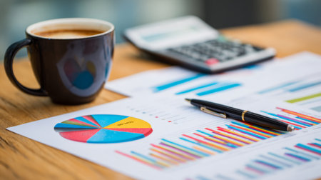 A coffee cup sits beside colorful charts and reports on a wooden table, illustrating data analysis tools for business planning and financial insights in an office setting.の素材