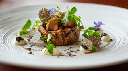 This exquisite gourmet dish showcases a rich mushroom base, garnished with fresh herbs, edible flowers, caviar, and truffle, ideal for luxury dining experiences.の素材