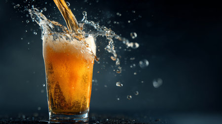 A vibrant image capturing the moment when cold beer is poured into a glass, creating beautiful splashes and bubbles. Perfect for beverage promotions and gatherings.の素材