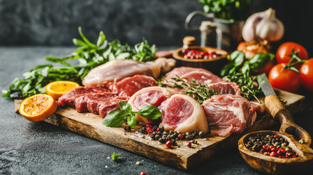 A visually appealing arrangement of various raw meats along with fresh herbs, spices, and vegetables on a rustic wooden cutting board, perfect for culinary inspirations.の素材