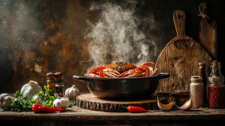 A steaming pot of fresh crab surrounded by herbs and spices, showcasing a rustic kitchen atmosphere perfect for a delightful culinary experience.の素材