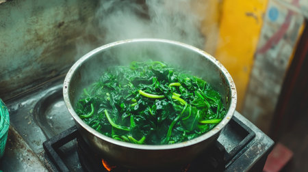 A pot of fresh greens simmers on a stovetop, releasing steam and vibrant aromas. Ideal for promoting healthy cooking and lifestyle choices.の素材