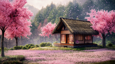 A tranquil cottage nestled amid vibrant cherry blossom trees, creating a serene landscape. Perfect for conveying peace and natural beauty in spring.の素材