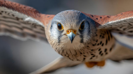 This stunning close-up image showcases a bird in flight with intricate feather details and vivid eyes. The graceful movement and sharp focus highlight the beauty of wildlife.の素材