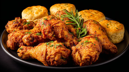 A mouth-watering display of crispy fried chicken drumsticks paired with buttery biscuits, garnished with fresh rosemary, ideal for comfort food lovers.の素材