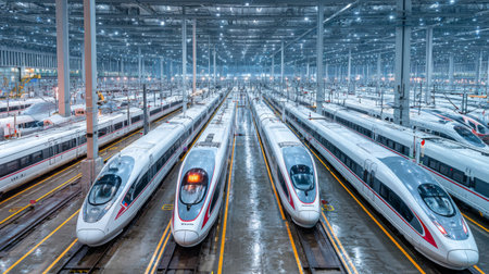 A stunning view of high-speed trains parked in a modern railway depot, showcasing advanced technology and sleek designs under bright and spacious industrial lighting.の素材