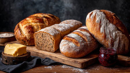 A visually appealing arrangement of freshly baked artisan bread loaves on a wooden board, accompanied by butter and jam, perfect for food presentation and culinary art.の素材