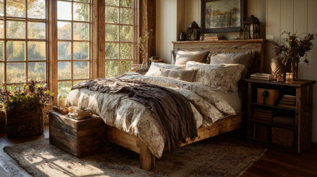 This cozy rustic bedroom features a warm aesthetic with large windows that invite natural light and a beautiful view of nature, creating a serene and inviting atmosphere.の素材
