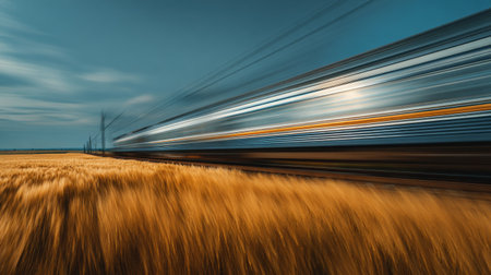 A captivating scene illustrating a train speeding through golden wheat fields against a dramatic sky, symbolizing the harmony between nature and motion.の素材