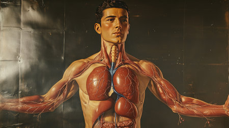 Detailed anatomical illustration showcases human circulatory and respiratory systems, aiding in educational and health-related discussions for students and professionals.の素材