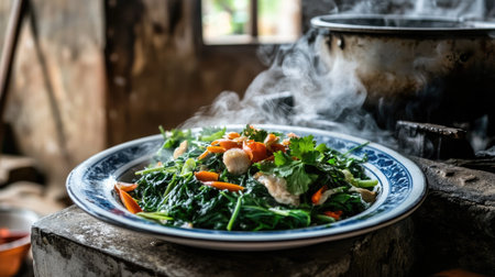 A vibrant vegetable dish featuring freshly cooked greens and colorful toppings. Steam rises from the plate in a rustic kitchen, creating a warm atmosphere.の素材