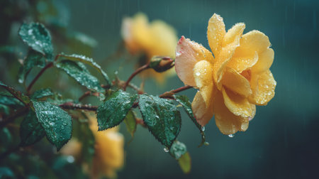 A stunning close-up photograph of a yellow rose adorned with raindrops, capturing the beauty of nature in a serene garden setting. Perfect for floral themes.の素材