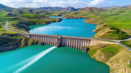 A stunning aerial view of a dam showcasing turquoise waters surrounded by lush green hills under a bright blue sky dotted with clouds. Perfect for nature and travel themes.の素材