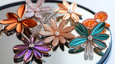 A stunning arrangement of elegant flower brooches showcasing vibrant colors and intricate designs on a reflective surface, perfect for fashion accessories.の素材