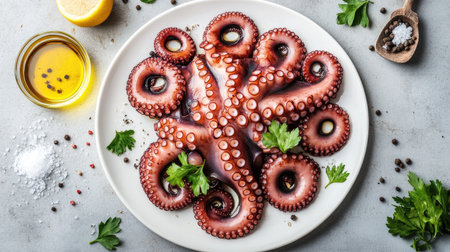 A beautifully arranged fresh octopus dish featuring vibrant colors, garnished with herbs and lemon, perfect for culinary inspiration and gourmet presentations.の素材