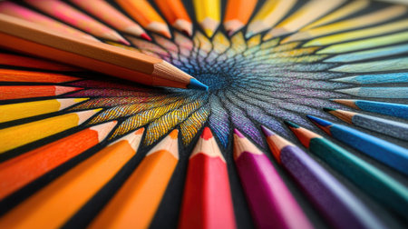 A mesmerizing arrangement of colored pencils radiates from a central point, showcasing vibrant hues and textures, perfect for creativity and artistic projects.の素材