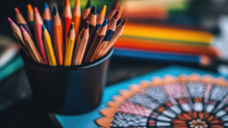 A vibrant collection of colored pencils in a pot beside a colorful mandala design. Perfect for showcasing creativity and artistic expression in workshops or workspace settings.の素材