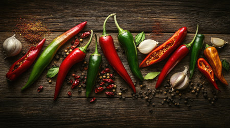 A vibrant assortment of fresh chili peppers and garlic arranged on a rustic wooden surface, showcasing their colorful textures perfect for culinary use.の素材