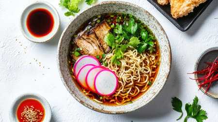 A vibrant bowl of noodles in savory broth topped with fresh herbs and colorful radish slices. Perfect for food lovers and culinary enthusiasts.の素材