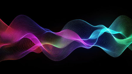 Discover a captivating abstract design featuring vibrant wave patterns in neon colors. This artwork embodies energy and motion, perfect for creative projects.の素材