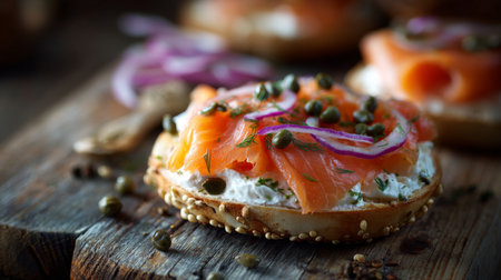 Indulge in a fresh bagel topped with rich cream cheese, savory smoked salmon, tangy capers, and crisp red onion, beautifully styled for a delightful brunch.の素材